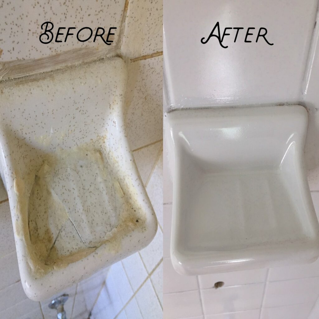 Cracked soap dish repaired and resurfaced to brand-new quality