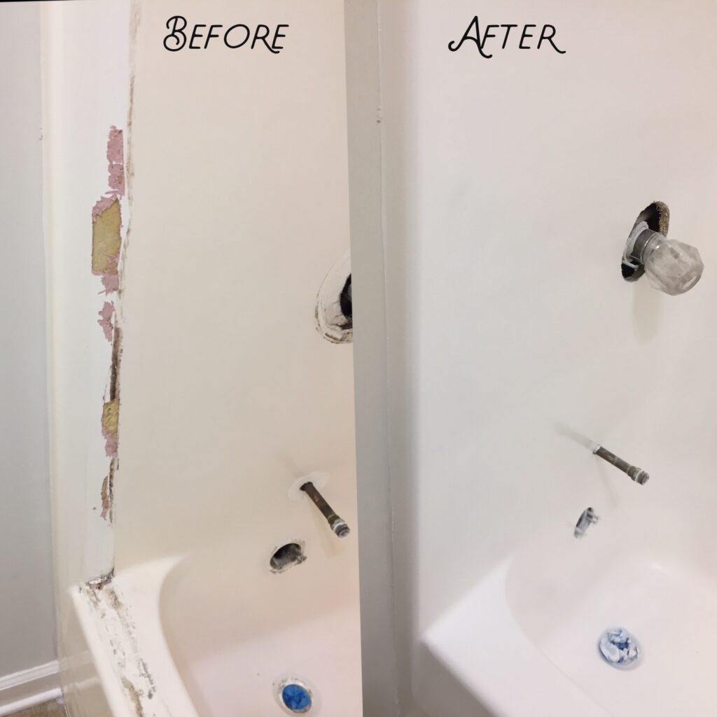 Damaged shower wall repaired to brand new