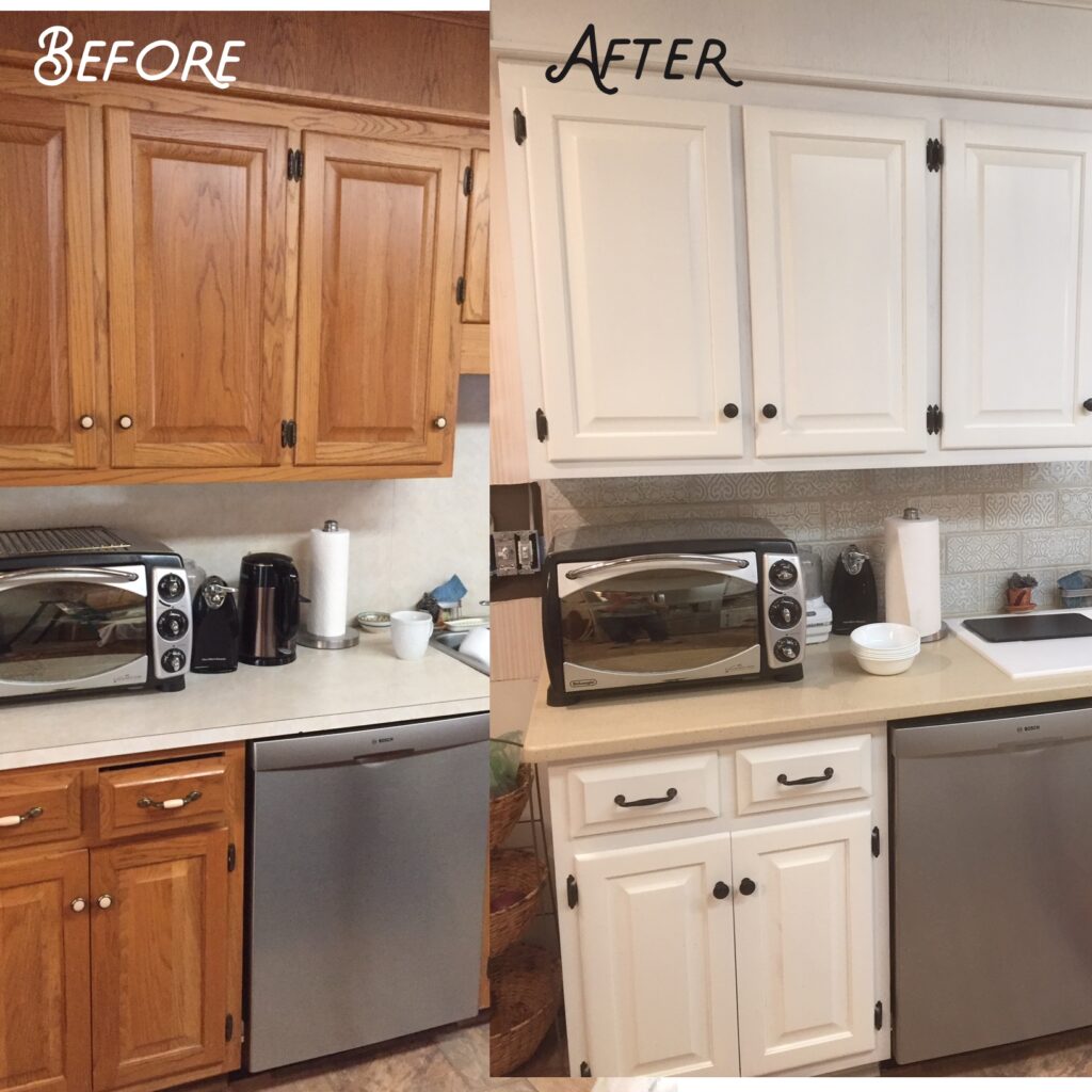 Old kitchen cabinetry refinished in white