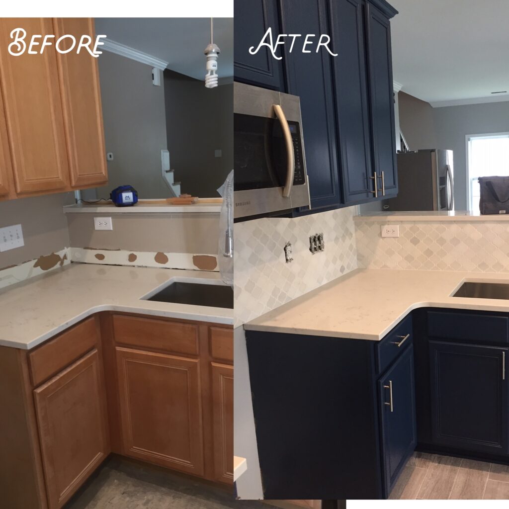 Old wood cabinets resurfaced to navy blue