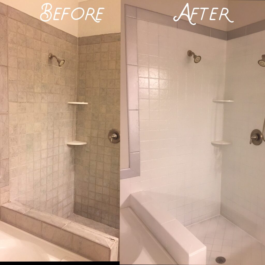Old shower refinished in white with a silver border