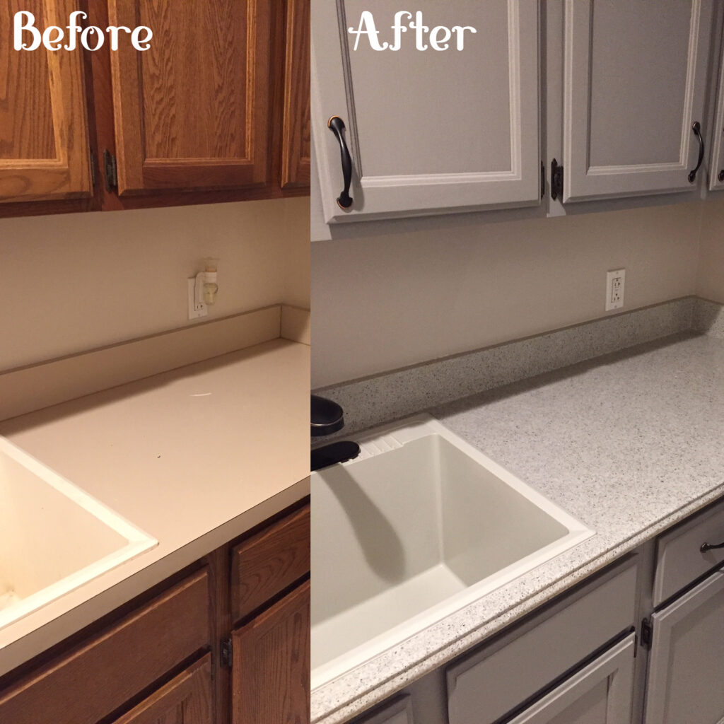 Old dated Laundry cabinetry refinished to a popular grey, countertop had a new edging added, fleck applied, and pour-on epoxy as a topcoat