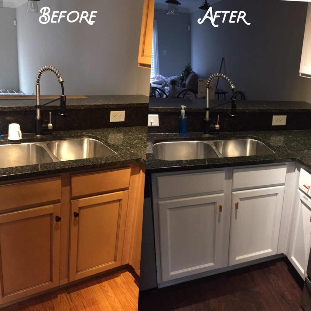 Traditional maple cabinets were refinished to a bright white