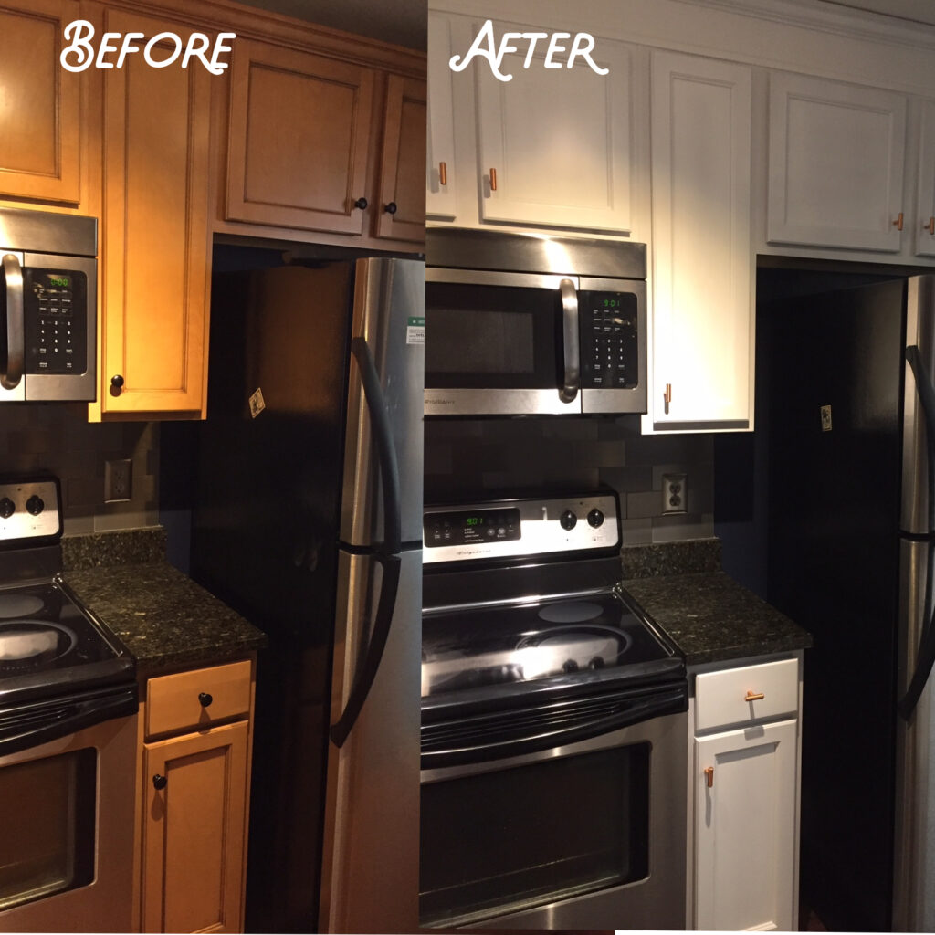Traditional maple cabinets were refinished to a more contemporary look and feel