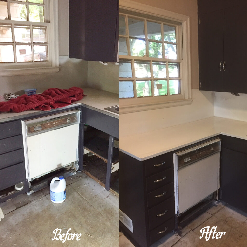 This rental was in really poor shape - New Life Resurfacing resurfaced the countertop, backsplash, supplied and installed new doors where missing, stripped down all existing doors, and refinished in a dark green as chosen by Customer. Bright Chrome stainless steel handles added the cherry to the top!