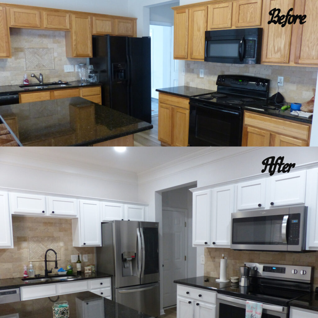 Homeowner opted to refinish their kitchen in an extra white semi-gloss, upgrading appliances to stainless steel, and changed out to black knobs